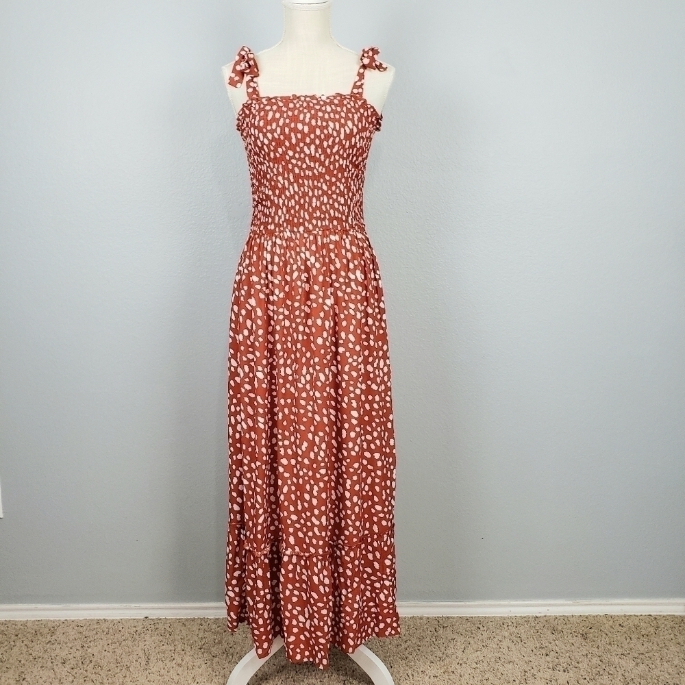 ZESICA Animal Print Tie Strap Maxi Dress Rust Sz S Flowy Vacation Boho